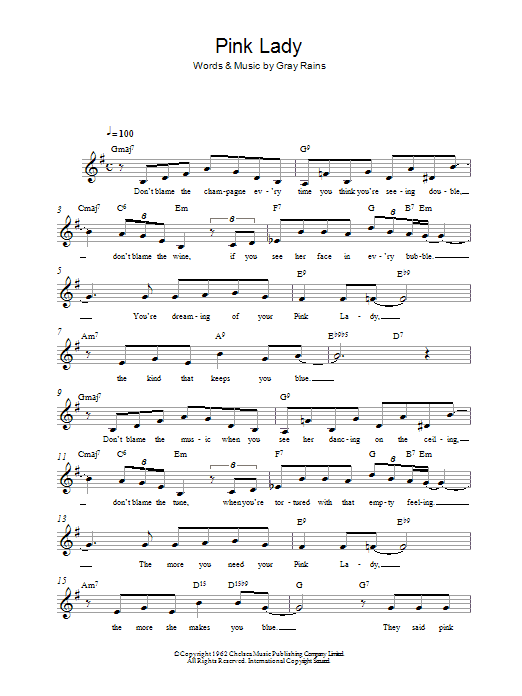 Download Gray Rains Pink Lady Sheet Music and learn how to play Melody Line, Lyrics & Chords PDF digital score in minutes