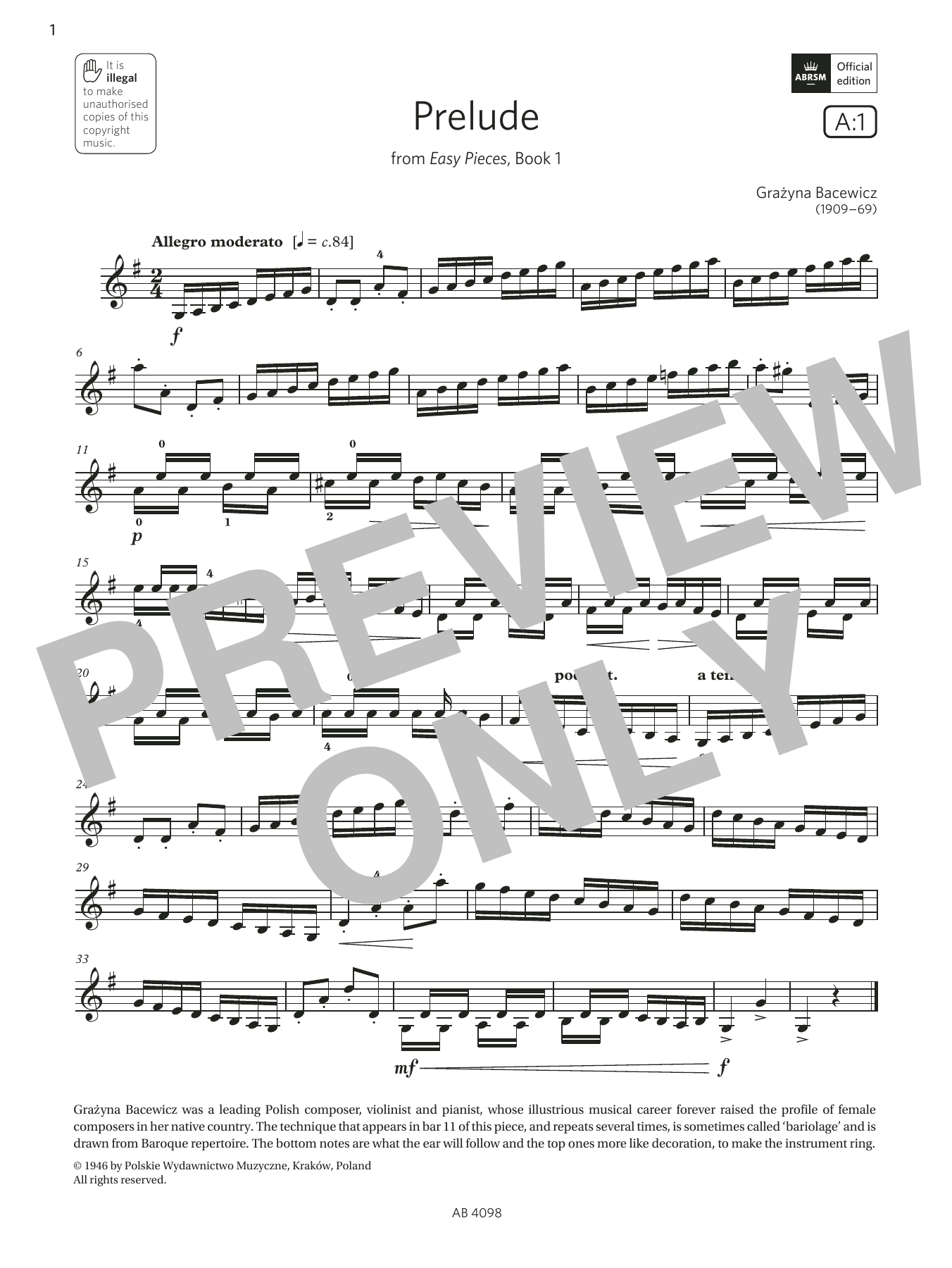 Download Grażyna Bacewicz Prelude (Grade 4, A1, from the ABRSM Violin Syllabus from 2024) Sheet Music and learn how to play Violin Solo PDF digital score in minutes