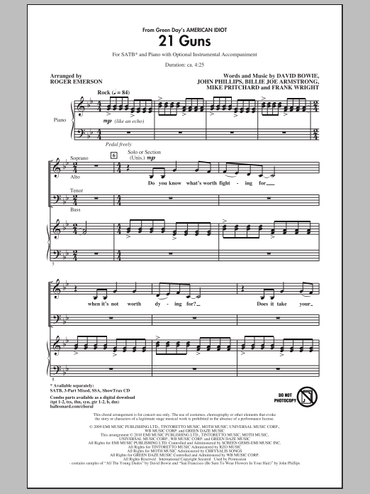 Download Green Day 21 Guns (from Green Day's American Idiot) (arr. Roger Emerson) Sheet Music and learn how to play SSA Choir PDF digital score in minutes