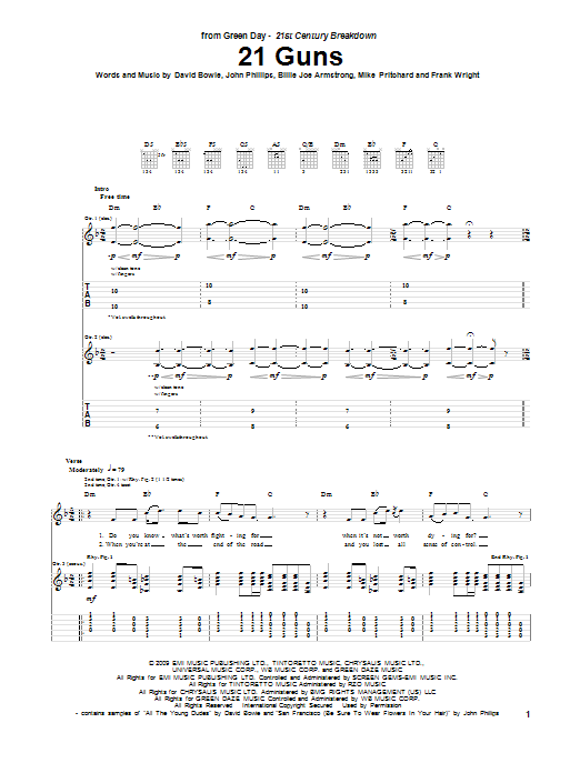 Download Green Day 21 Guns Sheet Music and learn how to play Guitar Tab PDF digital score in minutes