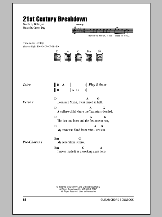 Download Green Day 21st Century Breakdown Sheet Music and learn how to play Lyrics & Chords PDF digital score in minutes