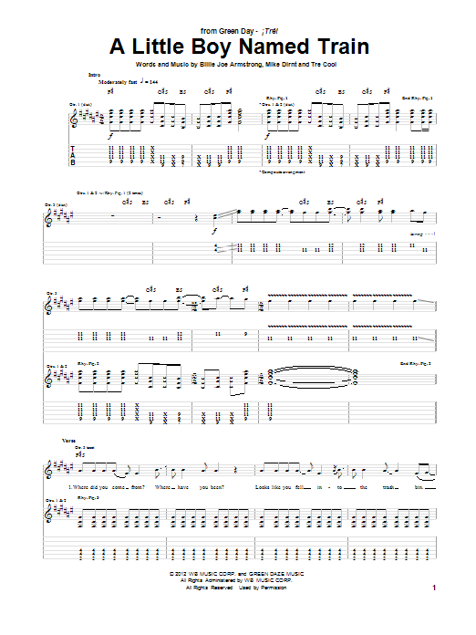 Download Green Day A Little Boy Named Train Sheet Music and learn how to play Guitar Tab PDF digital score in minutes