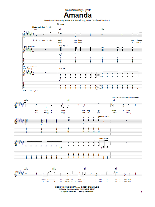 Download Green Day Amanda Sheet Music and learn how to play Guitar Tab PDF digital score in minutes