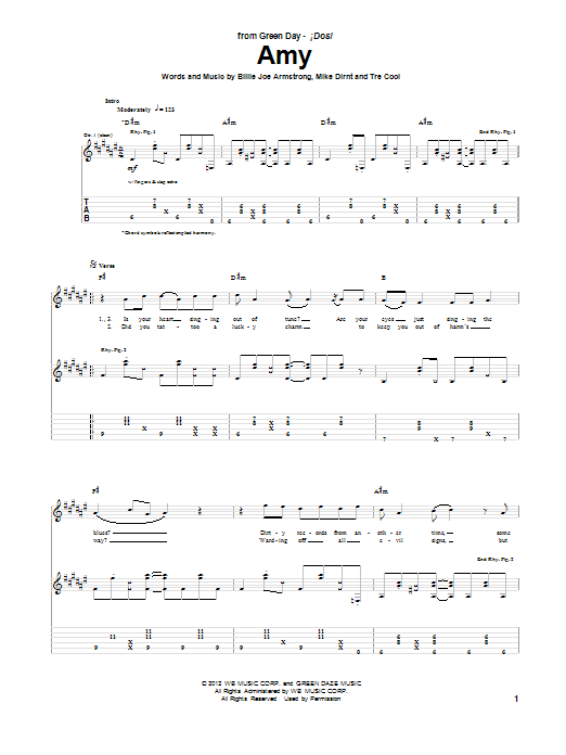 Download Green Day Amy Sheet Music and learn how to play Guitar Tab PDF digital score in minutes