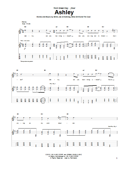 Download Green Day Ashley Sheet Music and learn how to play Guitar Tab PDF digital score in minutes