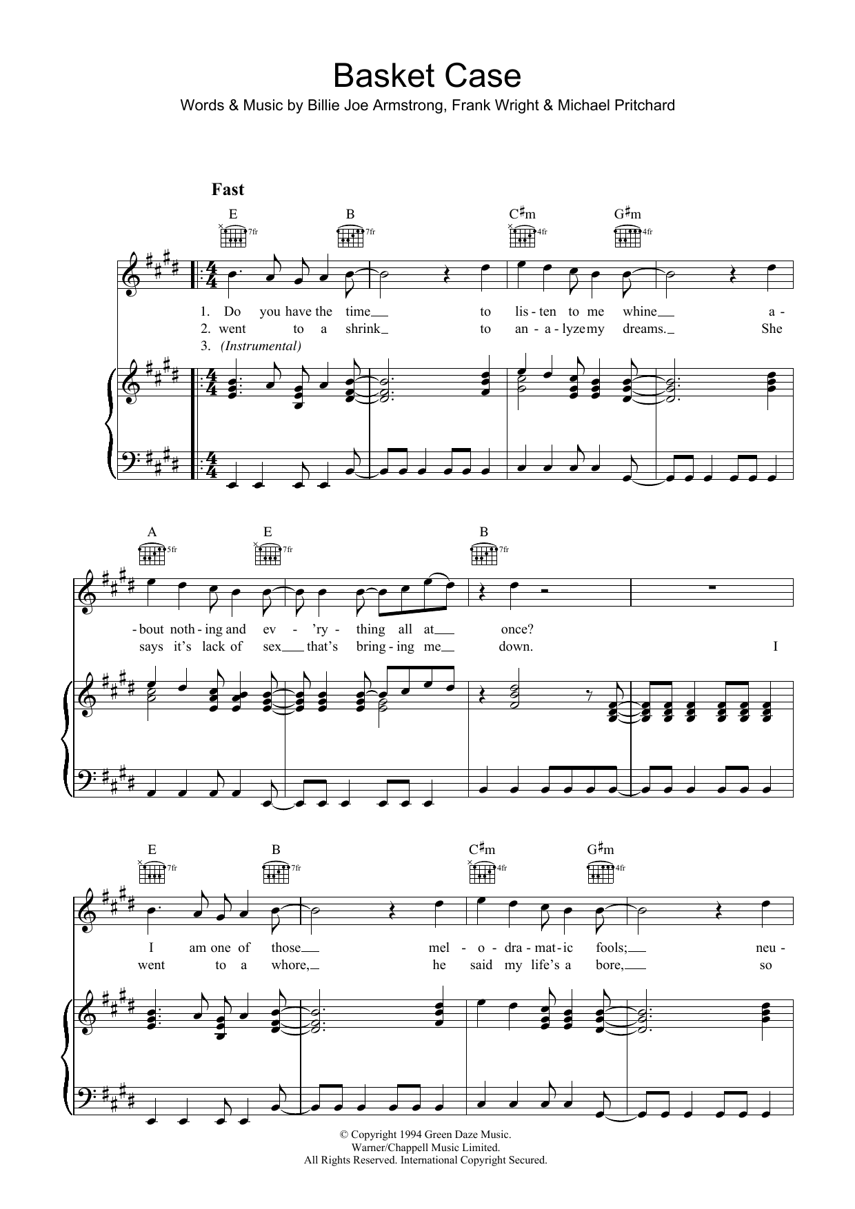 Download Green Day Basket Case Sheet Music and learn how to play Lyrics & Chords PDF digital score in minutes