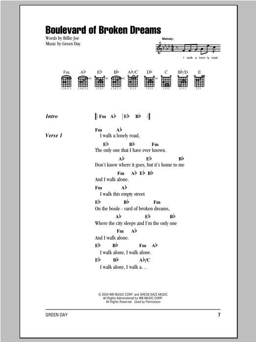 Download Green Day Boulevard Of Broken Dreams Sheet Music and learn how to play Guitar Lead Sheet PDF digital score in minutes