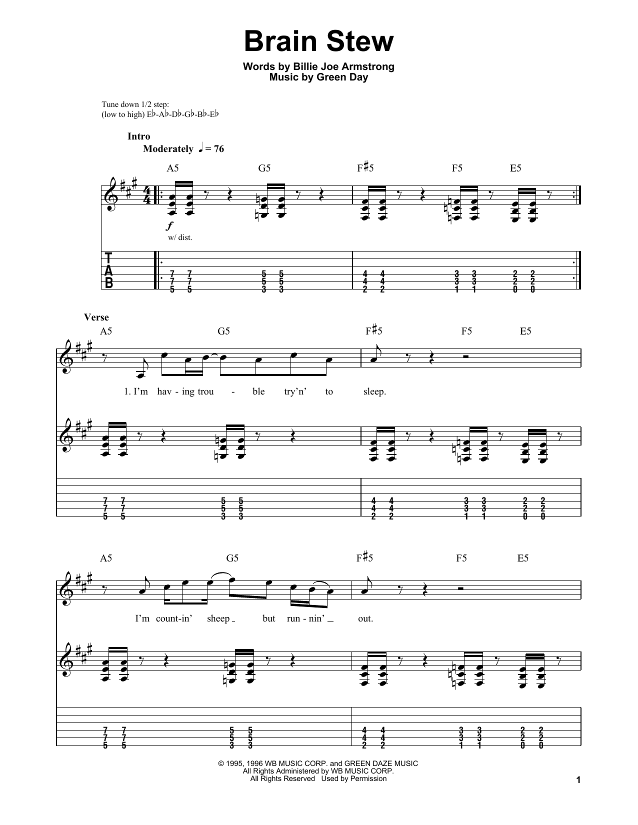 Download Green Day Brain Stew Sheet Music and learn how to play Guitar Tab Play-Along PDF digital score in minutes