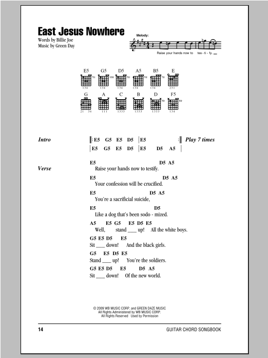 Download Green Day East Jesus Nowhere Sheet Music and learn how to play Lyrics & Chords PDF digital score in minutes
