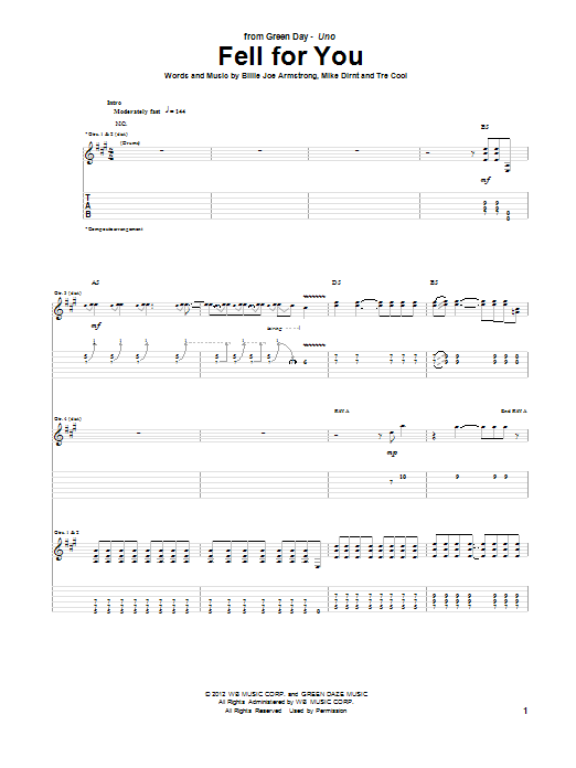 Download Green Day Fell For You Sheet Music and learn how to play Guitar Tab PDF digital score in minutes