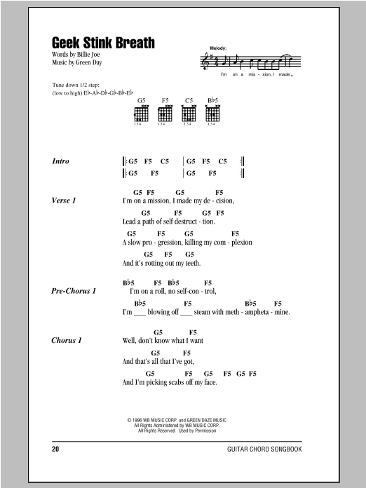 Download Green Day Geek Stink Breath Sheet Music and learn how to play Lyrics & Chords PDF digital score in minutes