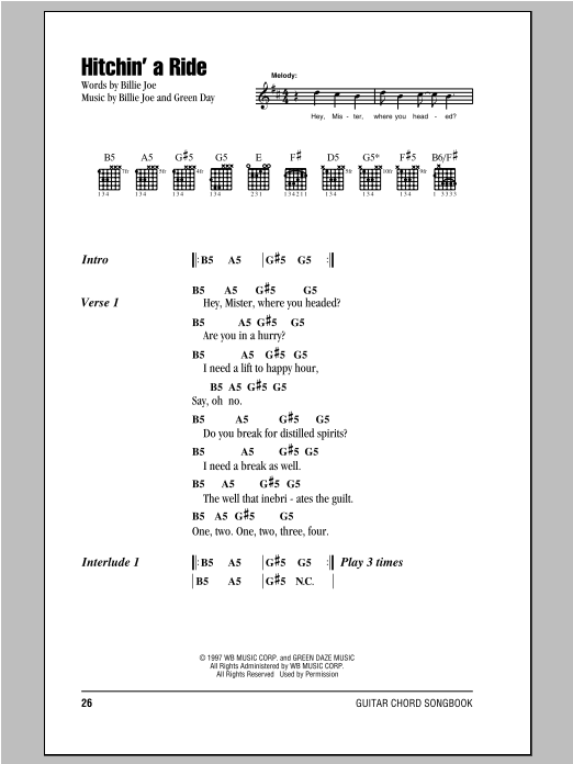 Download Green Day Hitchin' A Ride Sheet Music and learn how to play Lyrics & Chords PDF digital score in minutes