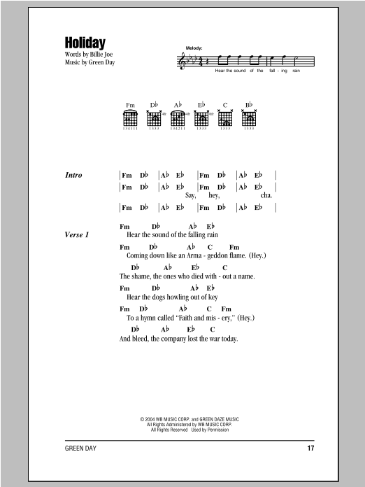 Download Green Day Holiday Sheet Music and learn how to play Ukulele PDF digital score in minutes