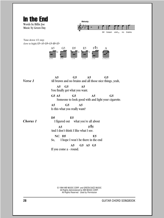 Download Green Day In The End Sheet Music and learn how to play Lyrics & Chords PDF digital score in minutes