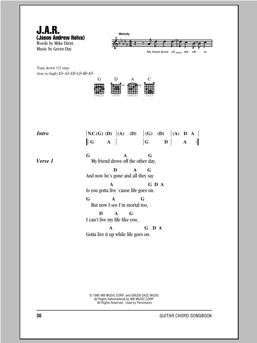 Download Green Day J.A.R. (Jason Andrew Relva) Sheet Music and learn how to play Lyrics & Chords PDF digital score in minutes