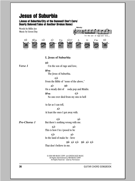 Download Green Day Jesus Of Suburbia Sheet Music and learn how to play Lyrics & Chords PDF digital score in minutes