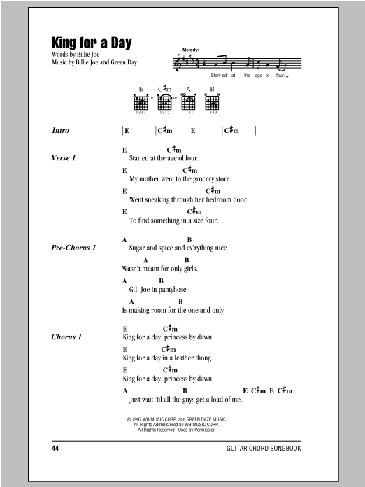 Download Green Day King For A Day Sheet Music and learn how to play Lyrics & Chords PDF digital score in minutes