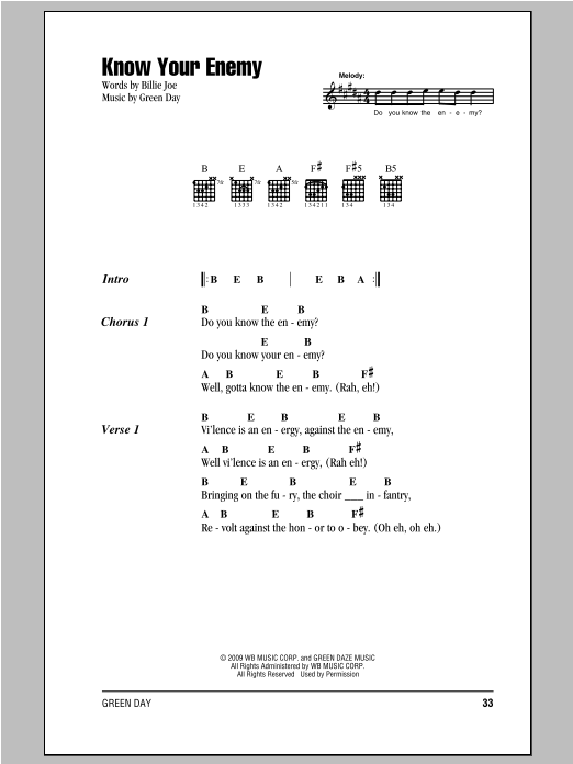 Download Green Day Know Your Enemy Sheet Music and learn how to play Lyrics & Chords PDF digital score in minutes