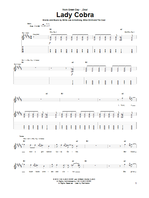 Download Green Day Lady Cobra Sheet Music and learn how to play Guitar Tab PDF digital score in minutes