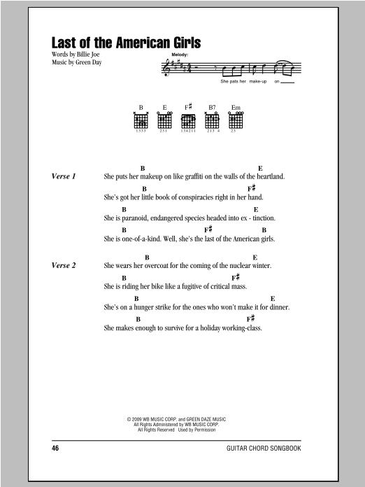 Download Green Day Last Of The American Girls Sheet Music and learn how to play Lyrics & Chords PDF digital score in minutes