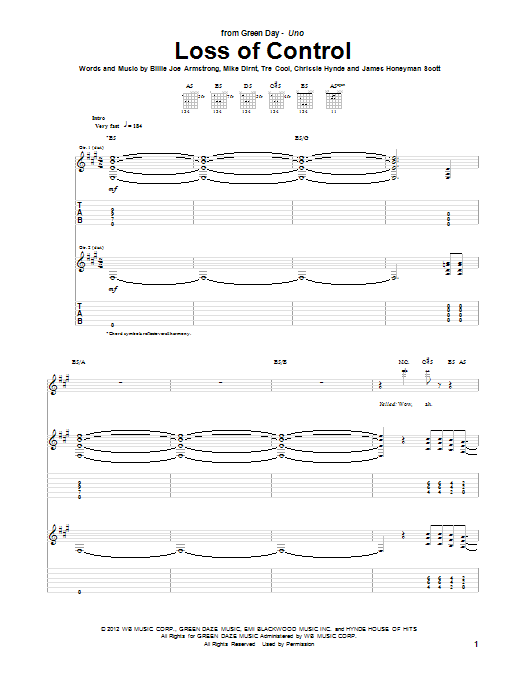 Download Green Day Loss Of Control Sheet Music and learn how to play Guitar Tab PDF digital score in minutes