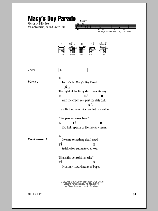 Download Green Day Macy's Day Parade Sheet Music and learn how to play Lyrics & Chords PDF digital score in minutes
