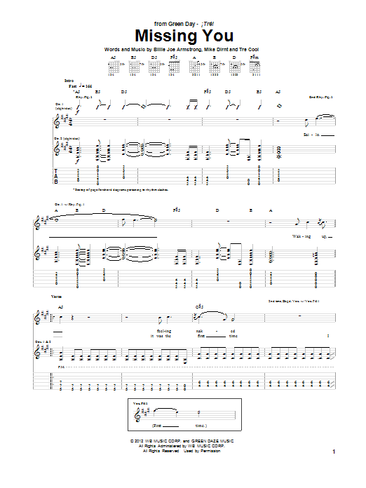 Download Green Day Missing You Sheet Music and learn how to play Guitar Tab PDF digital score in minutes