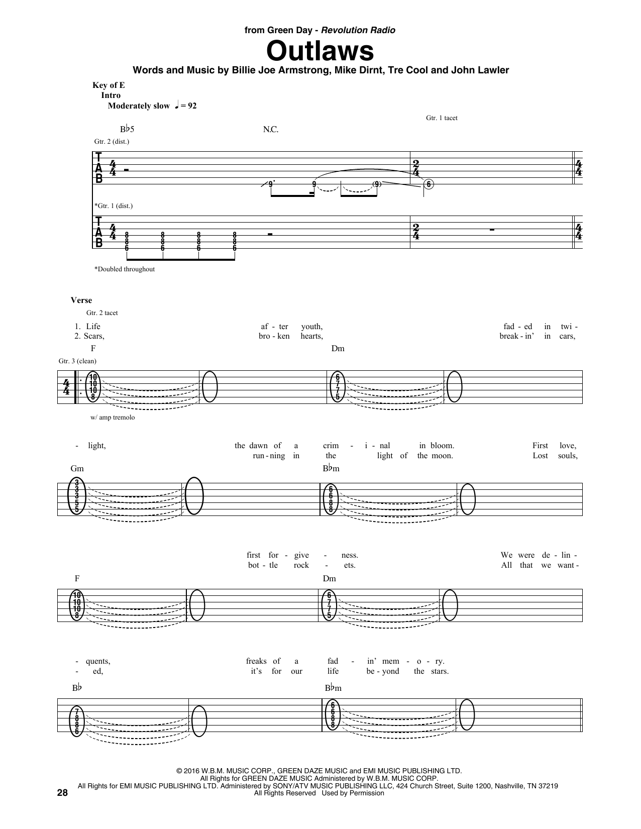 Download Green Day Outlaws Sheet Music and learn how to play Guitar Tab PDF digital score in minutes