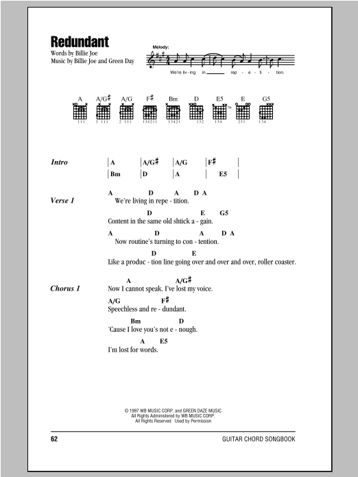 Download Green Day Redundant Sheet Music and learn how to play Lyrics & Chords PDF digital score in minutes