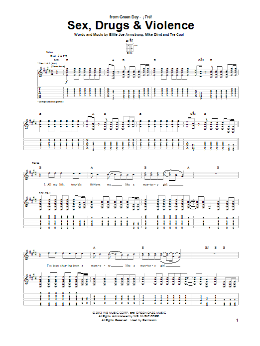 Download Green Day Sex, Drugs & Violence Sheet Music and learn how to play Guitar Tab PDF digital score in minutes