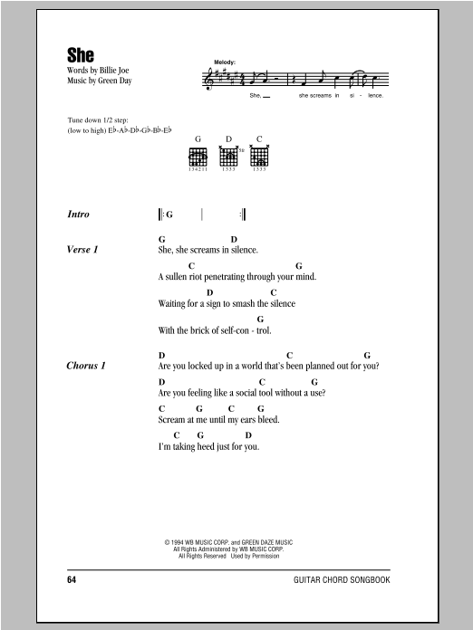 Download Green Day She Sheet Music and learn how to play Guitar Tab Play-Along PDF digital score in minutes