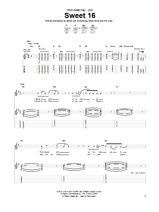 Download Green Day Sweet 16 Sheet Music and learn how to play Guitar Tab PDF digital score in minutes
