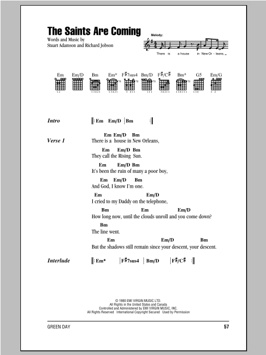 Download Green Day The Saints Are Coming Sheet Music and learn how to play Lyrics & Chords PDF digital score in minutes