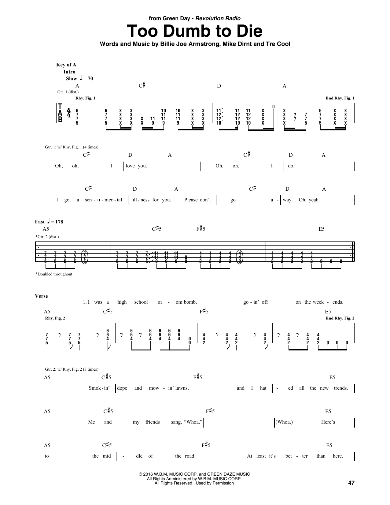 Download Green Day Too Dumb To Die Sheet Music and learn how to play Guitar Tab PDF digital score in minutes