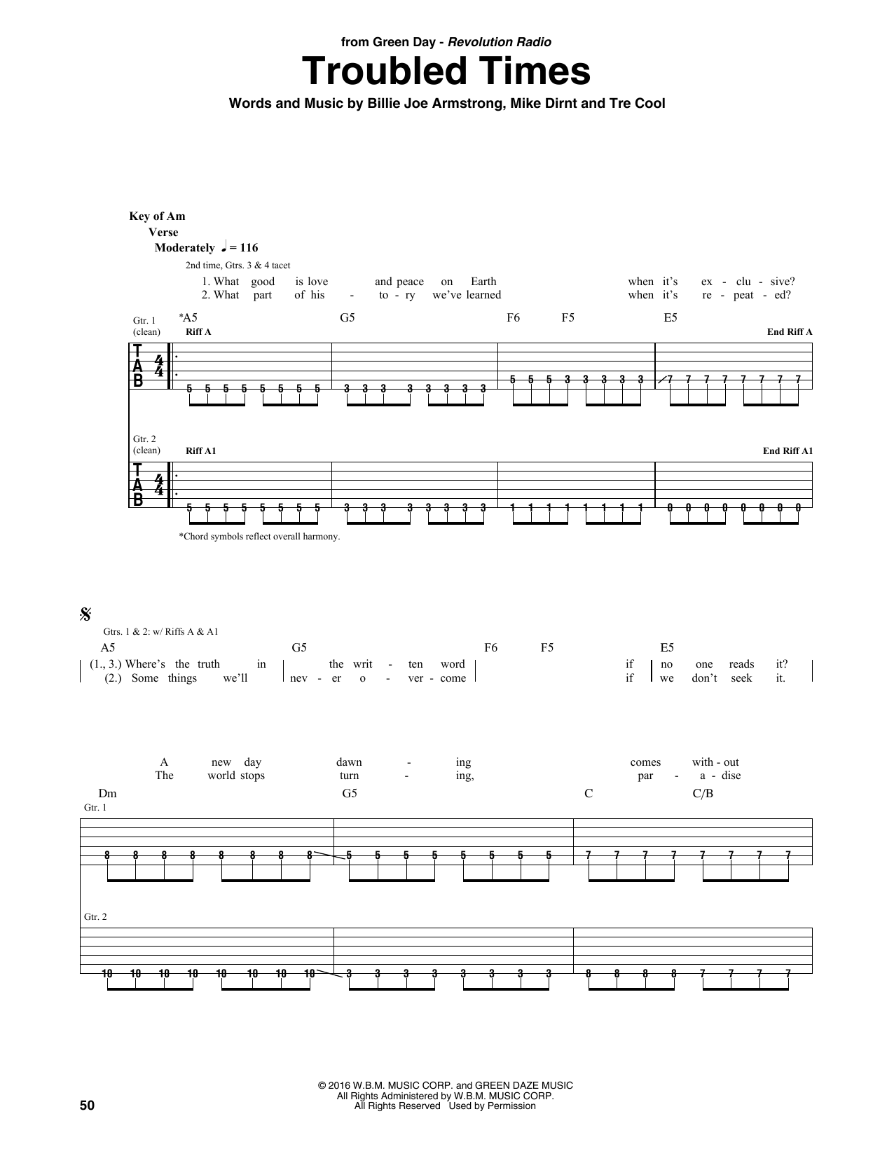 Download Green Day Troubled Times Sheet Music and learn how to play Guitar Tab PDF digital score in minutes