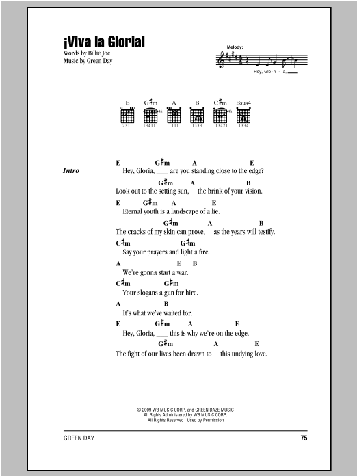 Download Green Day Viva La Gloria! Sheet Music and learn how to play Lyrics & Chords PDF digital score in minutes