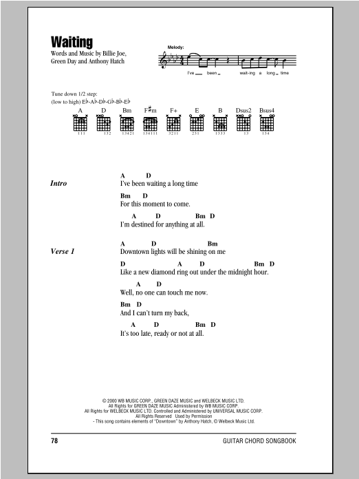 Download Green Day Waiting Sheet Music and learn how to play Lyrics & Chords PDF digital score in minutes