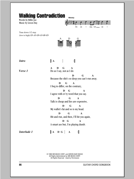 Download Green Day Walking Contradiction Sheet Music and learn how to play Lyrics & Chords PDF digital score in minutes