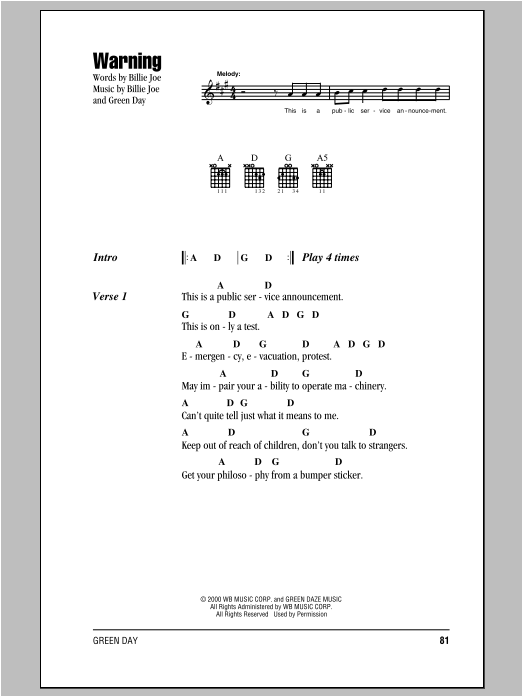Download Green Day Warning Sheet Music and learn how to play Lyrics & Chords PDF digital score in minutes