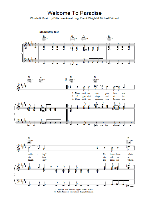 Download Green Day Welcome To Paradise Sheet Music and learn how to play Piano, Vocal & Guitar (Right-Hand Melody) PDF digital score in minutes