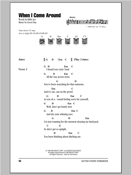 Download Green Day When I Come Around Sheet Music and learn how to play Lyrics & Chords PDF digital score in minutes