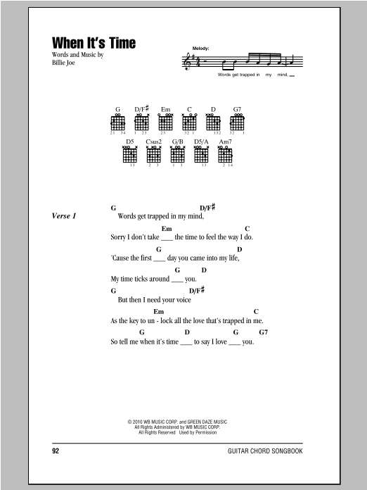 Download Green Day When It's Time Sheet Music and learn how to play Lyrics & Chords PDF digital score in minutes