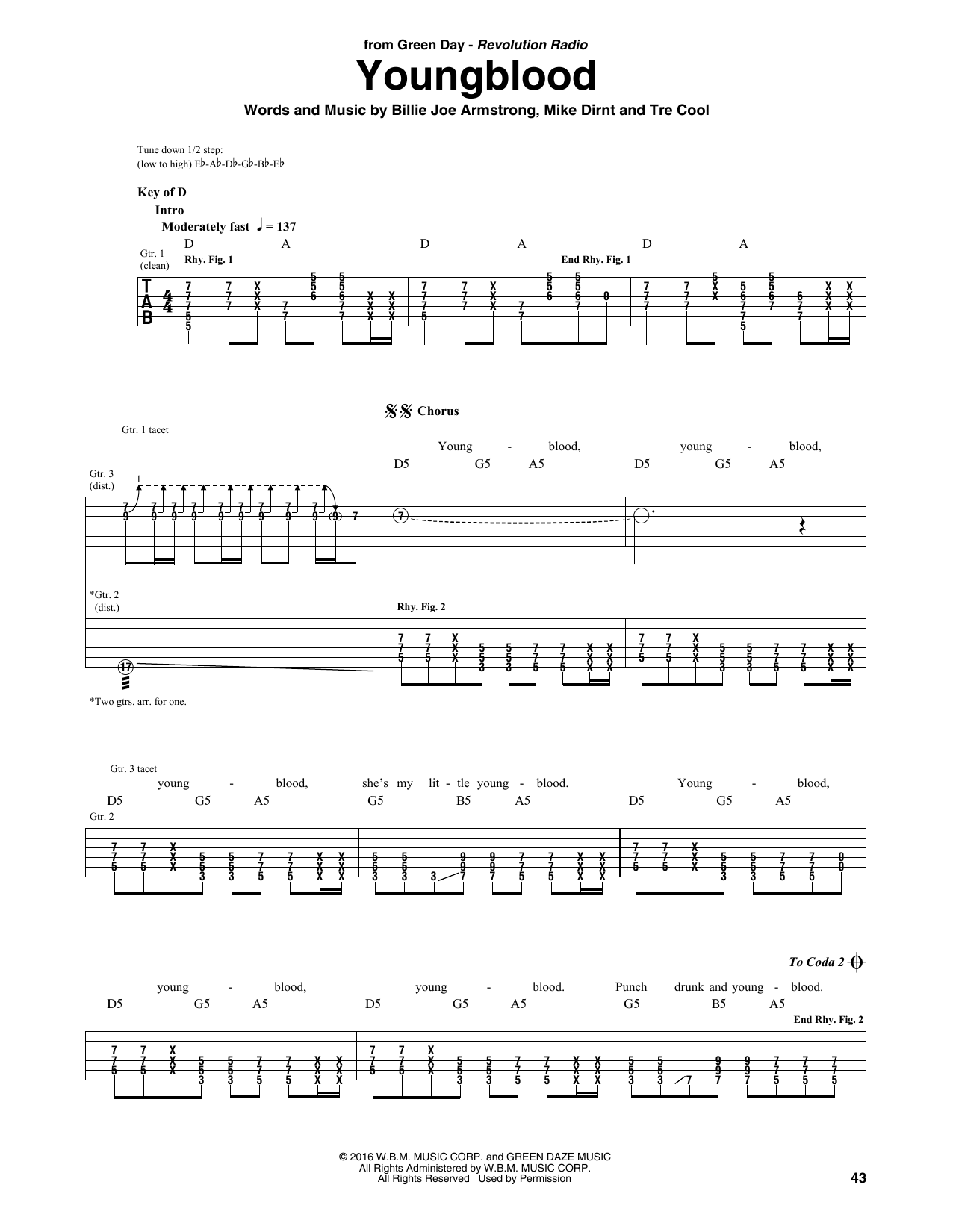 Download Green Day Youngblood Sheet Music and learn how to play Guitar Tab PDF digital score in minutes