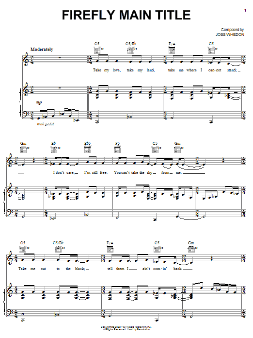 Download Greg Edmonson Firefly Main Title Sheet Music and learn how to play Piano, Vocal & Guitar (Right-Hand Melody) PDF digital score in minutes