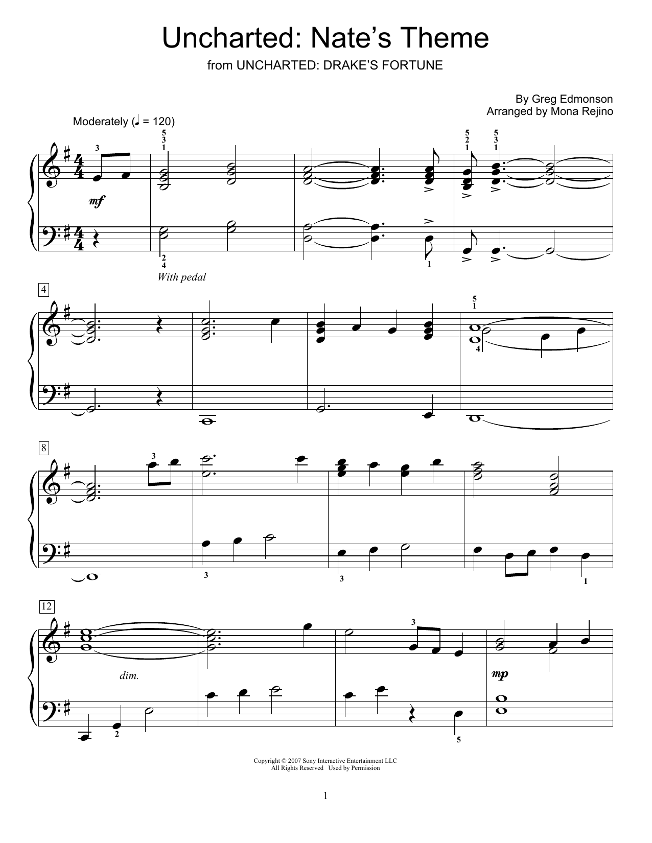 Download Greg Edmonson Uncharted: Nate's Theme (from Uncharted: Drake's Fortune) (arr. Mona Rejino) Sheet Music and learn how to play Educational Piano PDF digital score in minutes