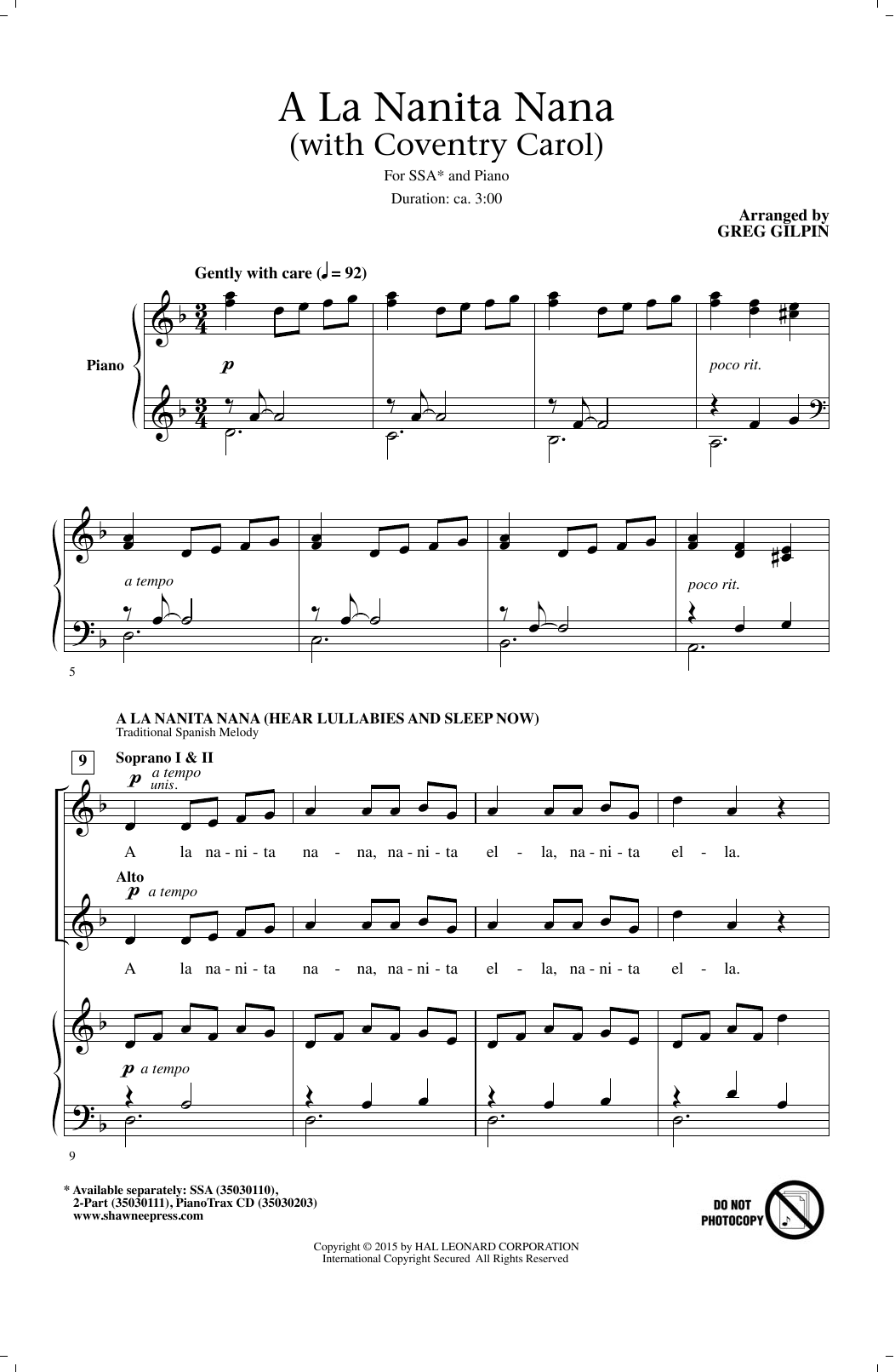 Download Greg Gilpin A La Nanita Nana (Hear Lullabies And Sleep Now) Sheet Music and learn how to play 2-Part Choir PDF digital score in minutes
