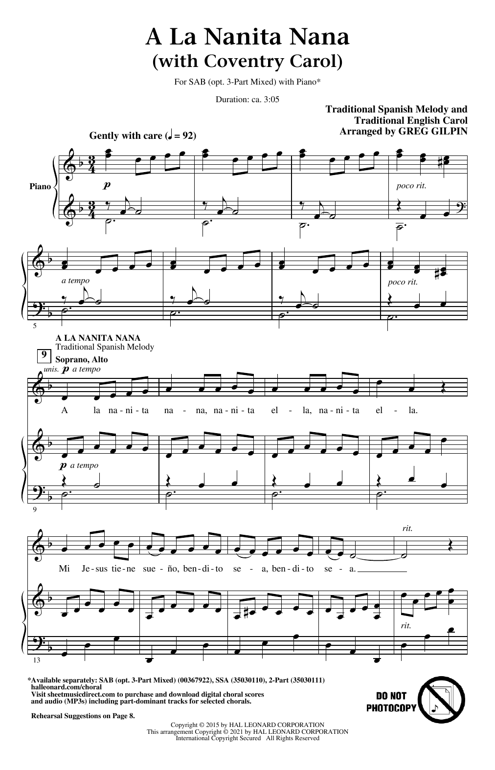 Download Greg Gilpin A La Nanita Nana (with Coventry Carol) Sheet Music and learn how to play TB Choir PDF digital score in minutes