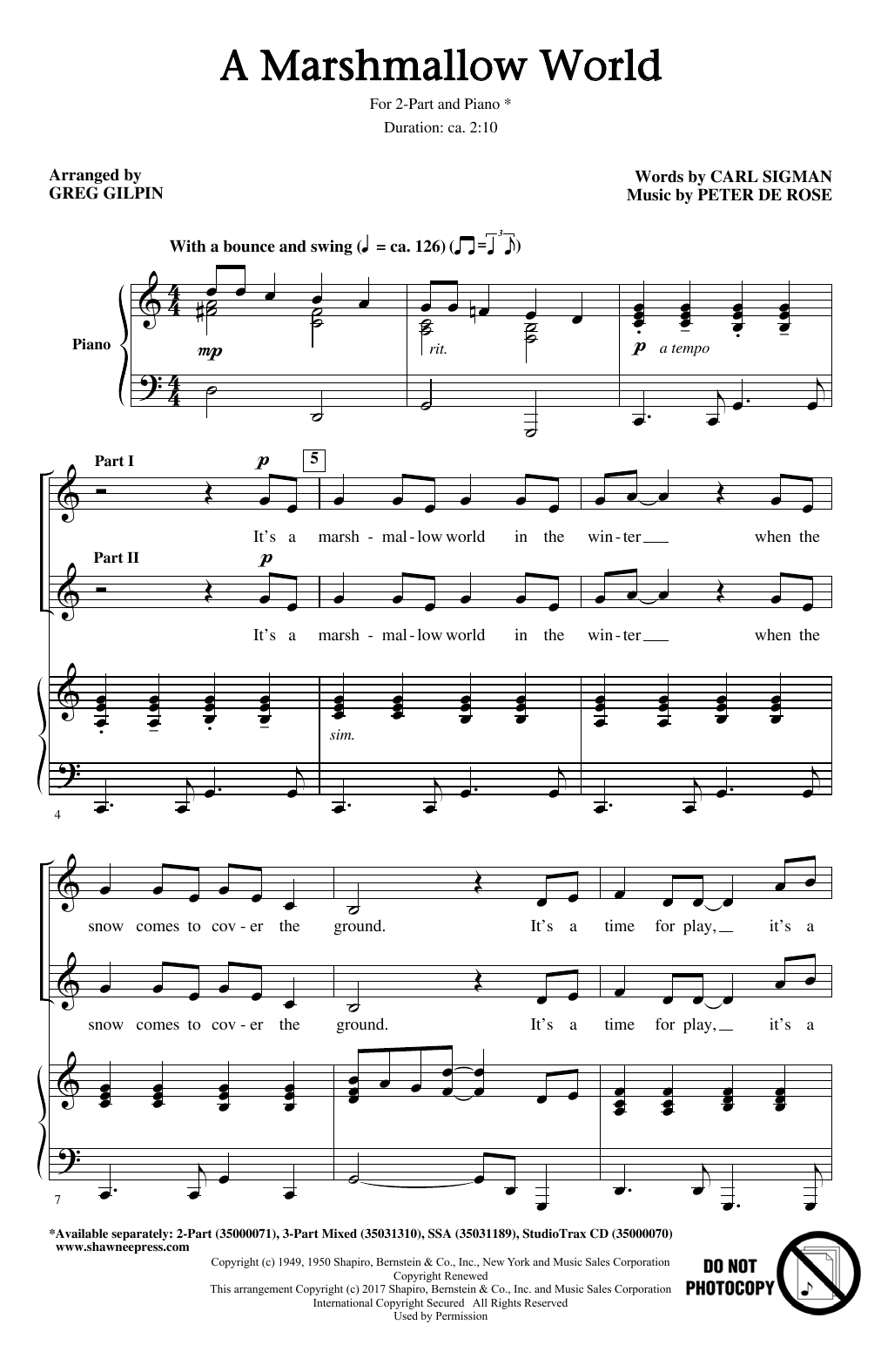 Download Greg Gilpin A Marshmallow World Sheet Music and learn how to play SSA PDF digital score in minutes