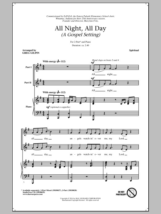 Download Greg Gilpin All Night, All Day Sheet Music and learn how to play 3-Part Mixed PDF digital score in minutes