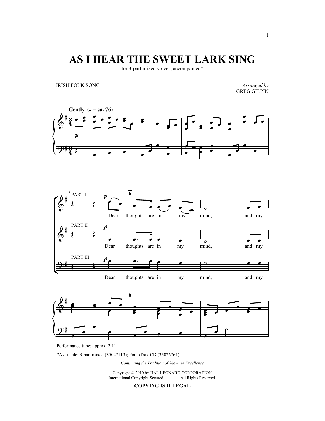 Download Greg Gilpin As I Hear The Sweet Lark Sing Sheet Music and learn how to play 3-Part Mixed PDF digital score in minutes